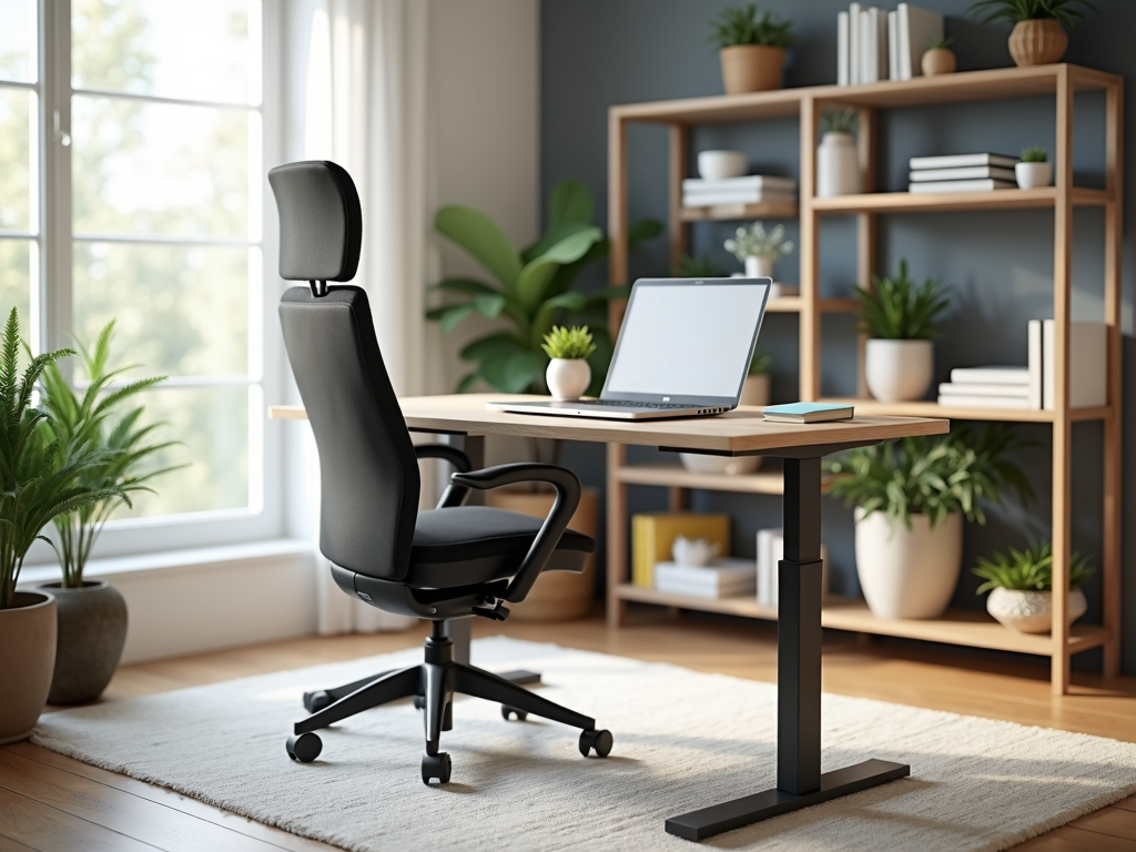 A well-organized home office with adjustable furniture for ergonomic comfort.