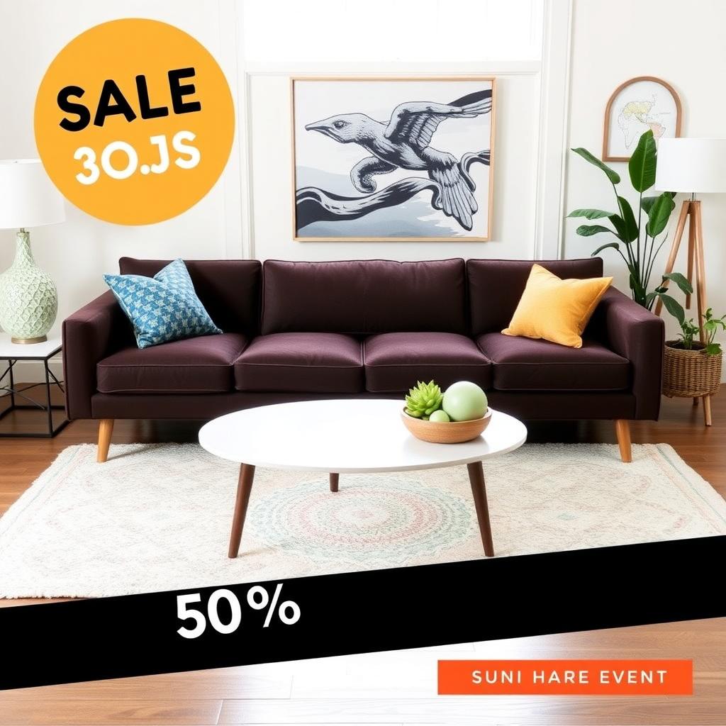 A cozy living room with a plush, mid-century modern sofa in a rich teal fabric. The sofa is adorned with patterned throw pillows and sits against a backdrop of warm, neutral walls. A vintage wooden coffee table and a floor lamp with a soft glow complete the inviting atmosphere.