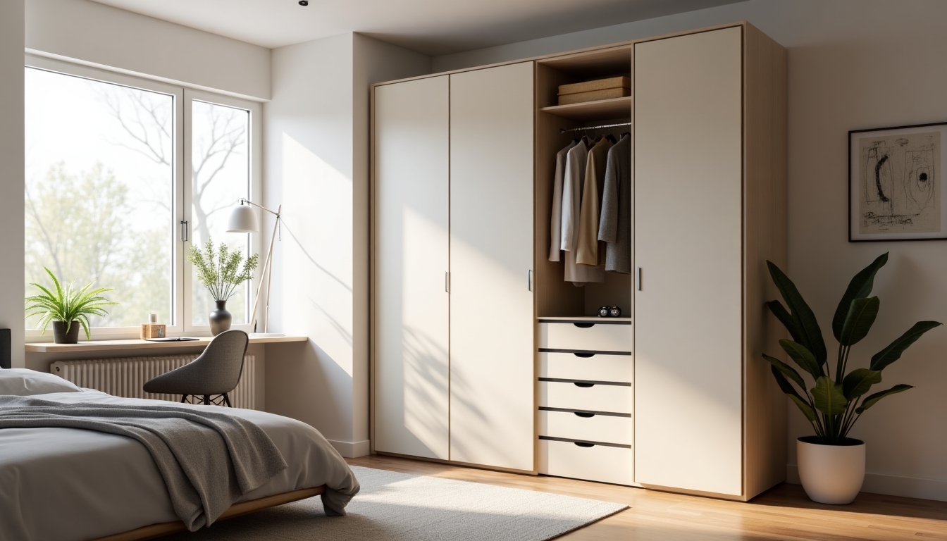 A minimalist room with a multifunctional armoire complementing the space.
