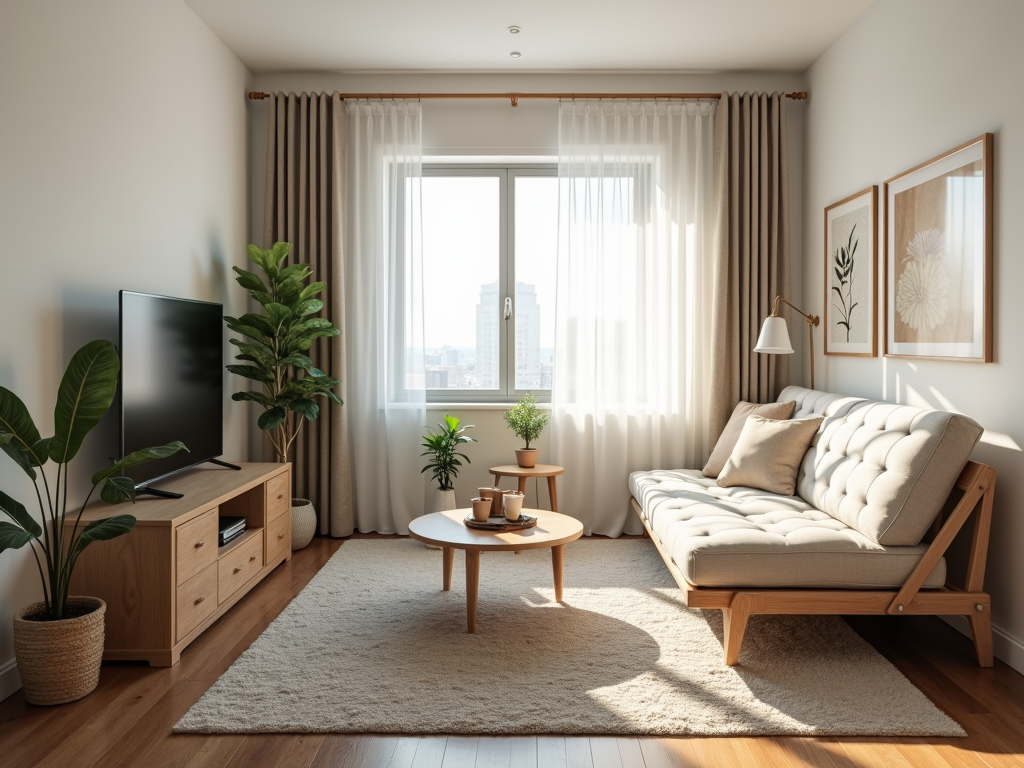 A small living room with a futon sofa bed and light-colored walls.