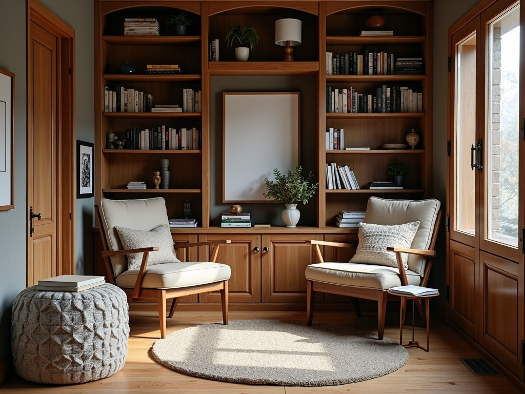 A warm, inviting reading corner with a wooden bookshelf.