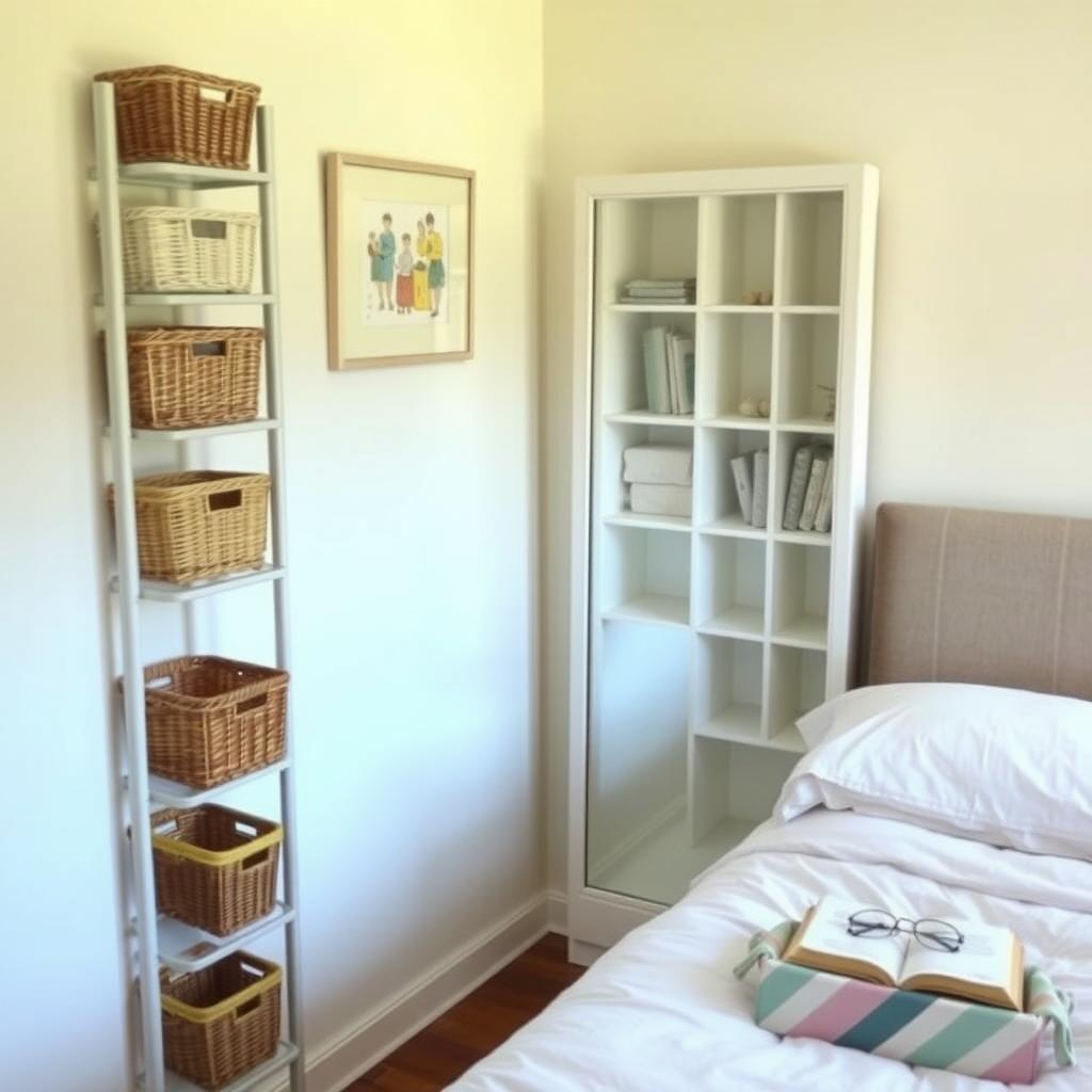Small bedroom corner with vertical shelves, a storage mirror, and a bedside caddy.