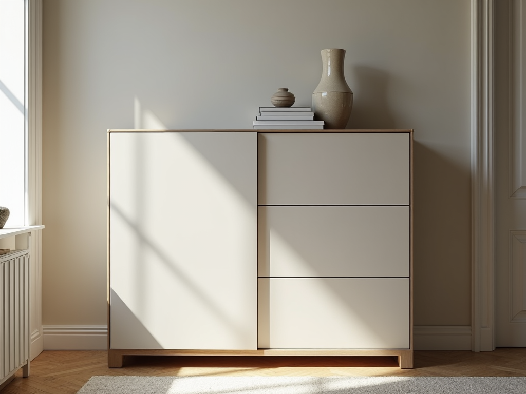 Styled minimalist armoire with decorative items