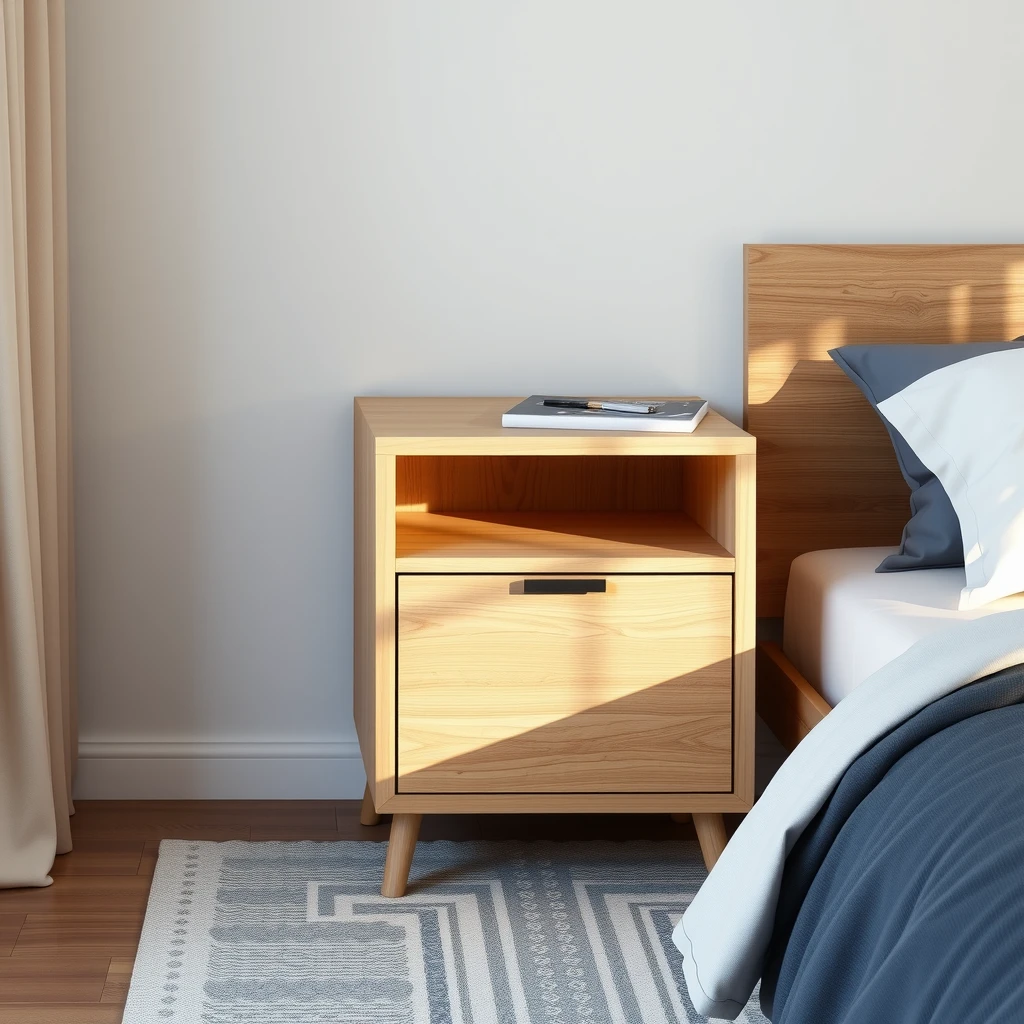 Simple minimalist DIY wooden nightstand with natural wood finish beside a bed in a modern bedroom