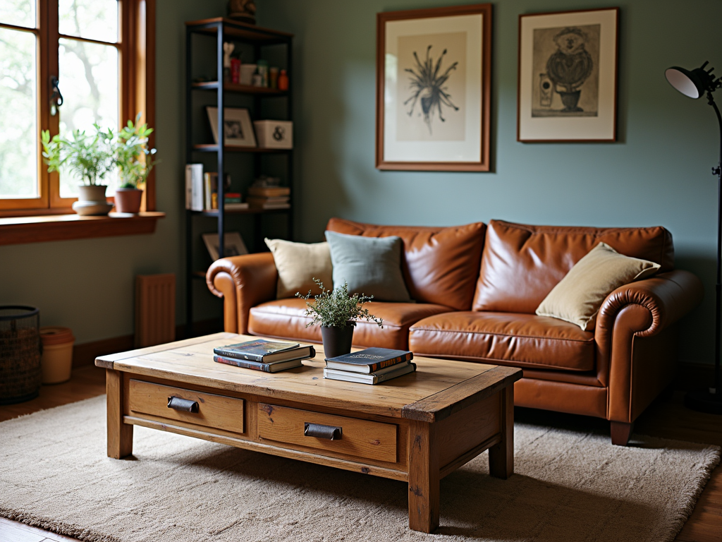 Living room with durable furniture made from oak, leather, and metal