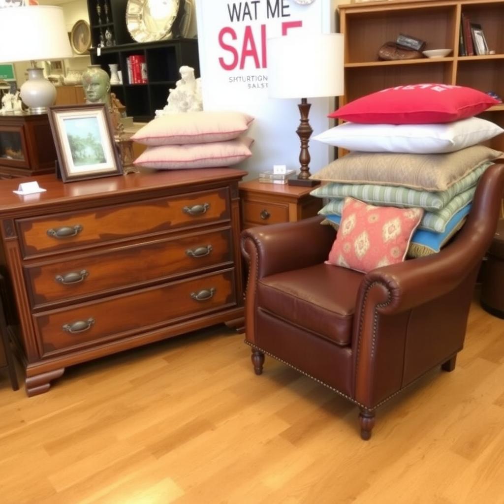 Thrift store display with vintage wooden dresser, leather armchair, and colorful throw pillows