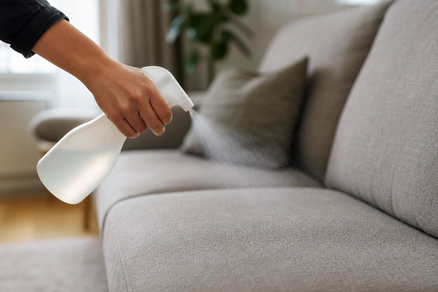 Applying fabric protector spray to sofa for long-term upholstery care