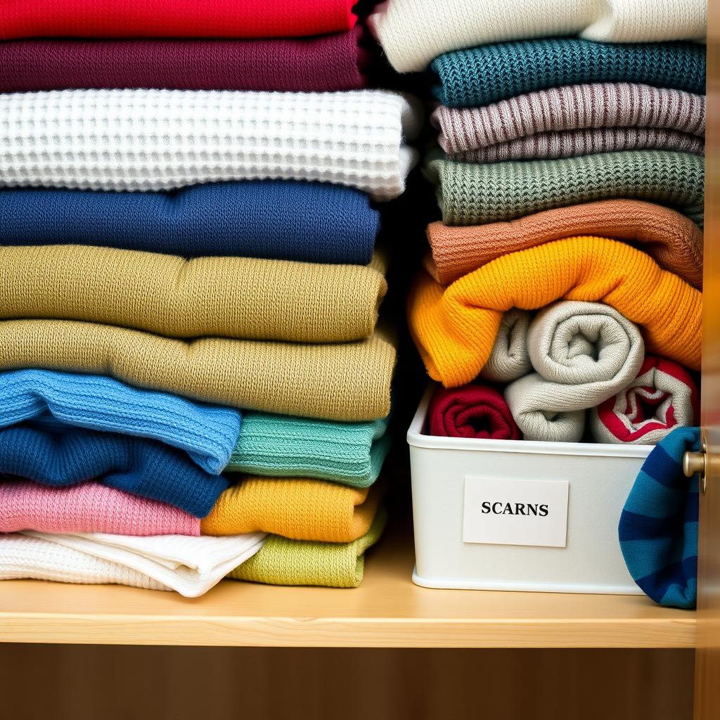 Colorful sweaters neatly folded on an armoire shelf beside a labeled scarf bin