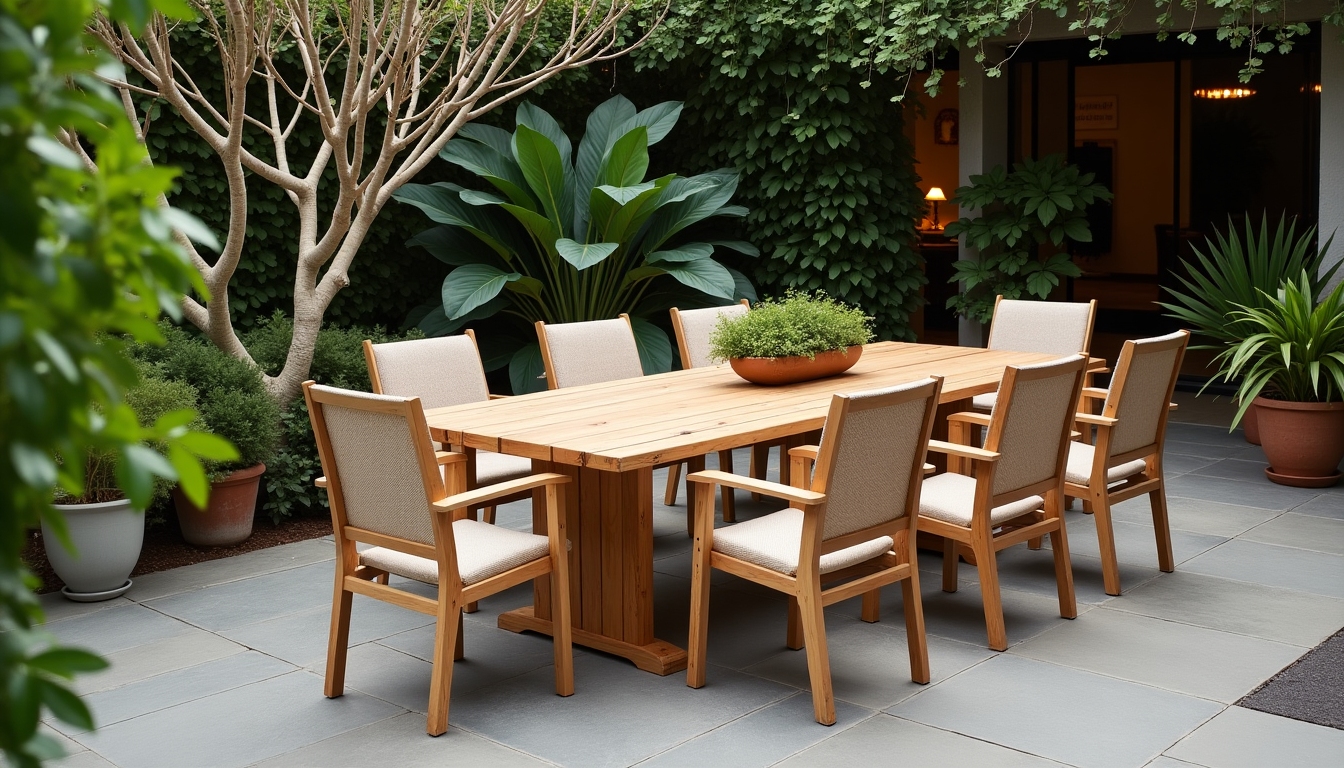 Eco-friendly patio furniture setup with reclaimed wood dining table and chairs.