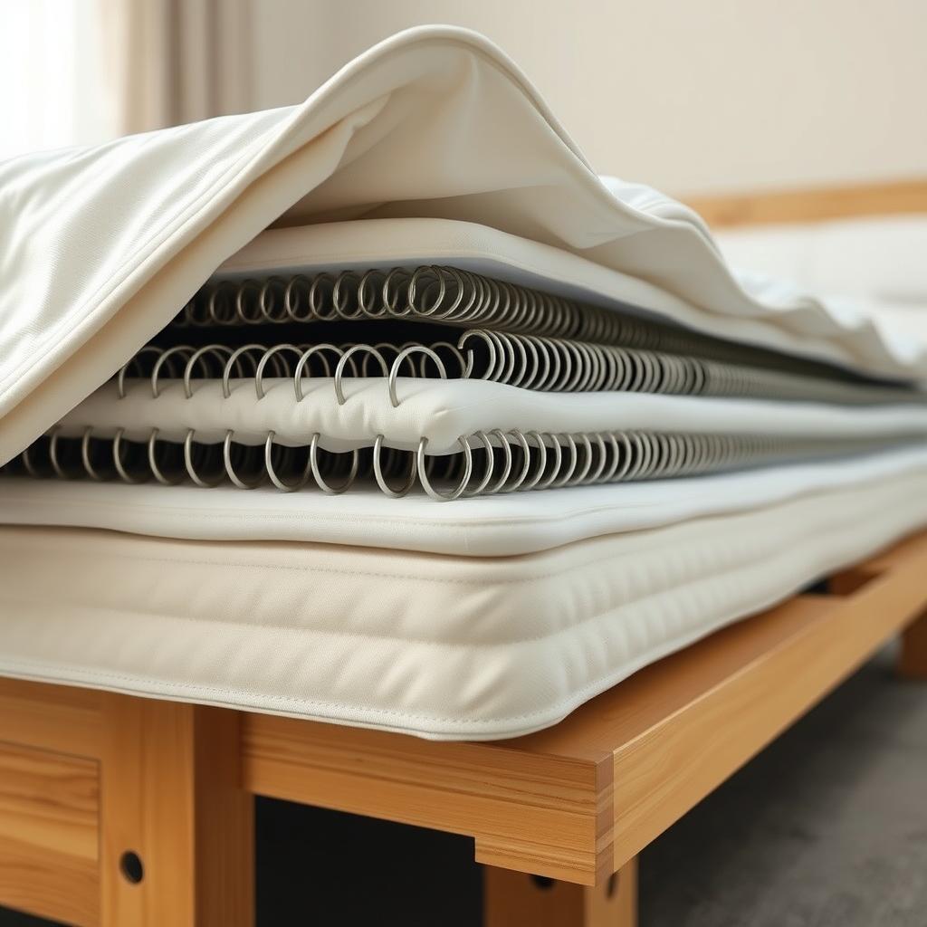 Cross-section of an innerspring mattress on a wooden futon frame, showing coils and padding.