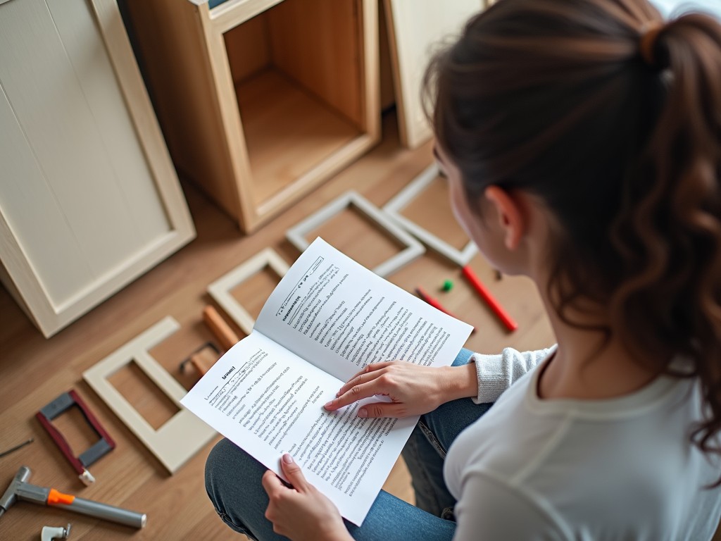 A person examining instruction manuals with various cabinet parts around them.
