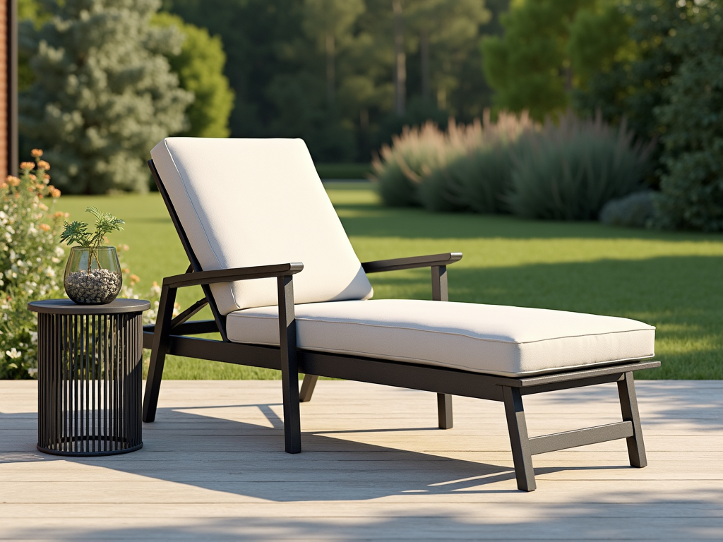 A cushioned outdoor lounge chair with adjustable back