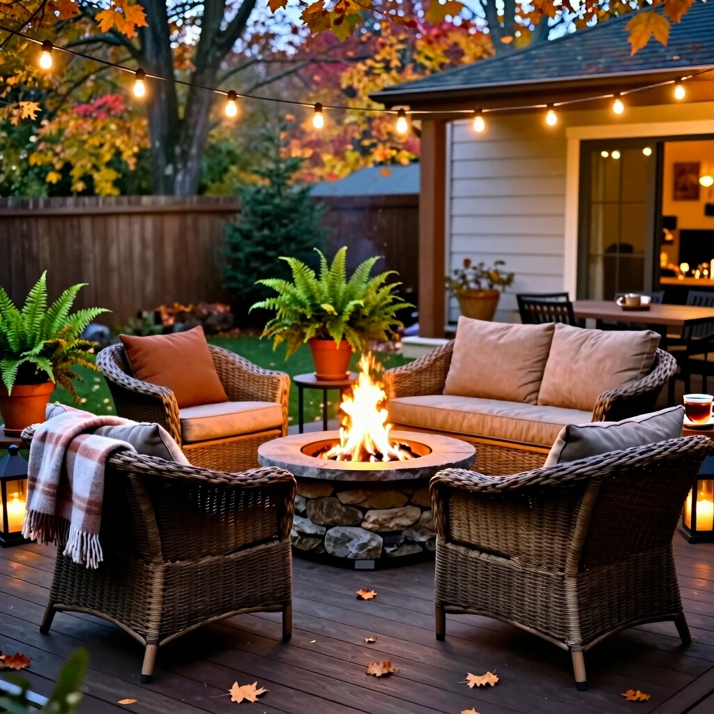 Cozy autumn patio setup with fire pit and comfortable seating