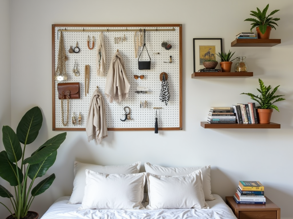 Bedroom wall with pegboard and floating shelves